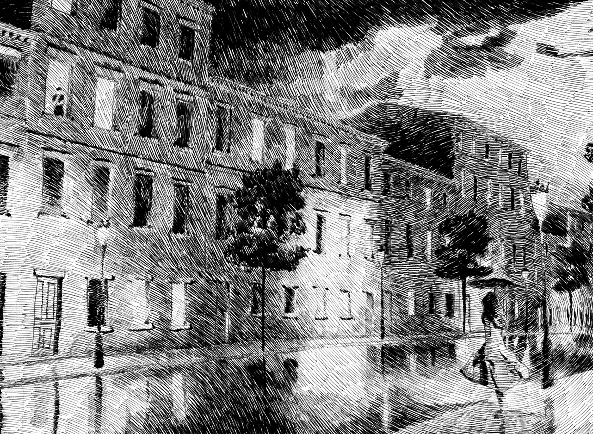ink  nib  pen loneliness  umbrella  city Street night rain  rainy reflection etching monochrome blackandwhite town