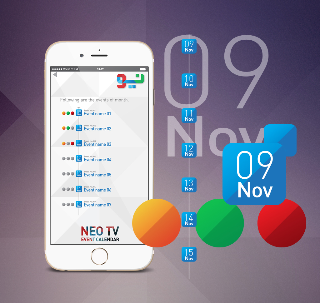 Neo Tv Mobile Application user interface user experience day planning event scheduling date month year Ident dsng news Channel broadcast iphone