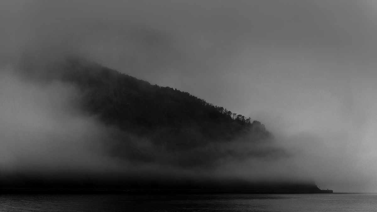 black and white colorgrading Travel mist mountains sea fishing Open Spaces Quebec Canada