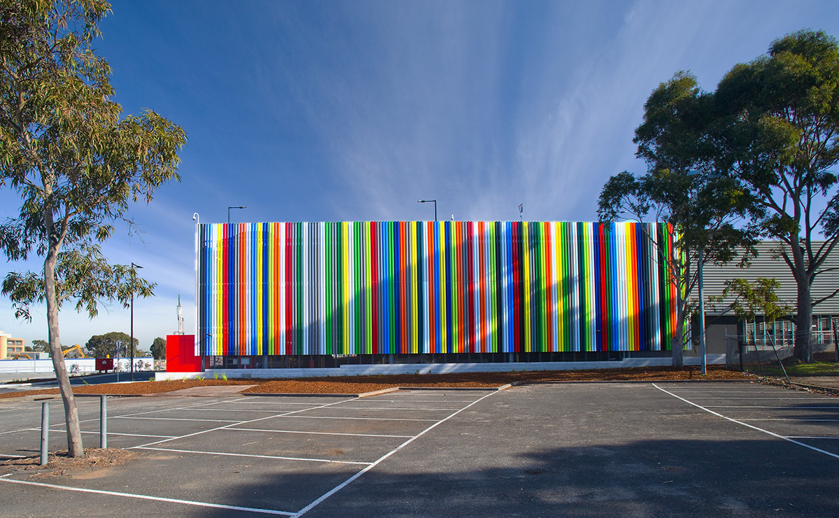 car colour Australia victoria Health building facade stripes car park bright colors design Vehicle city Urban