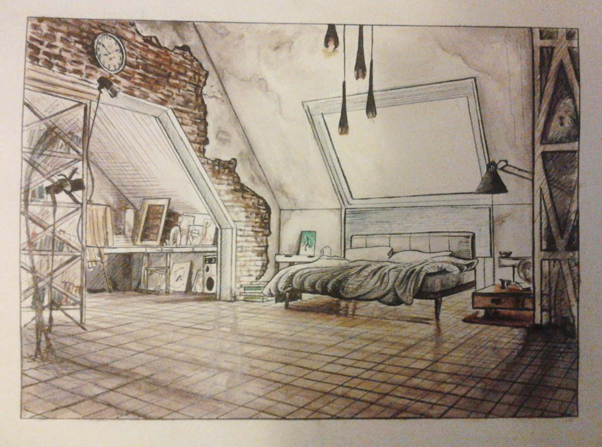 sketches The interior is bright and spacious living room beautiful fun cool loft roof loft bulbs cabinets curtains transparent natural eco green strange interesting drawing watercolor technique magazine cover customer sofa chair armchair ball easy flowing spot light draft Model