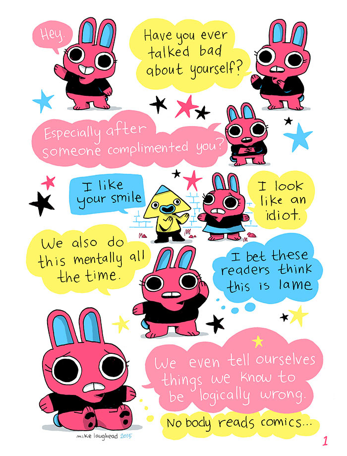 self help affirmations pink bunny comic CMYK Positive mental health