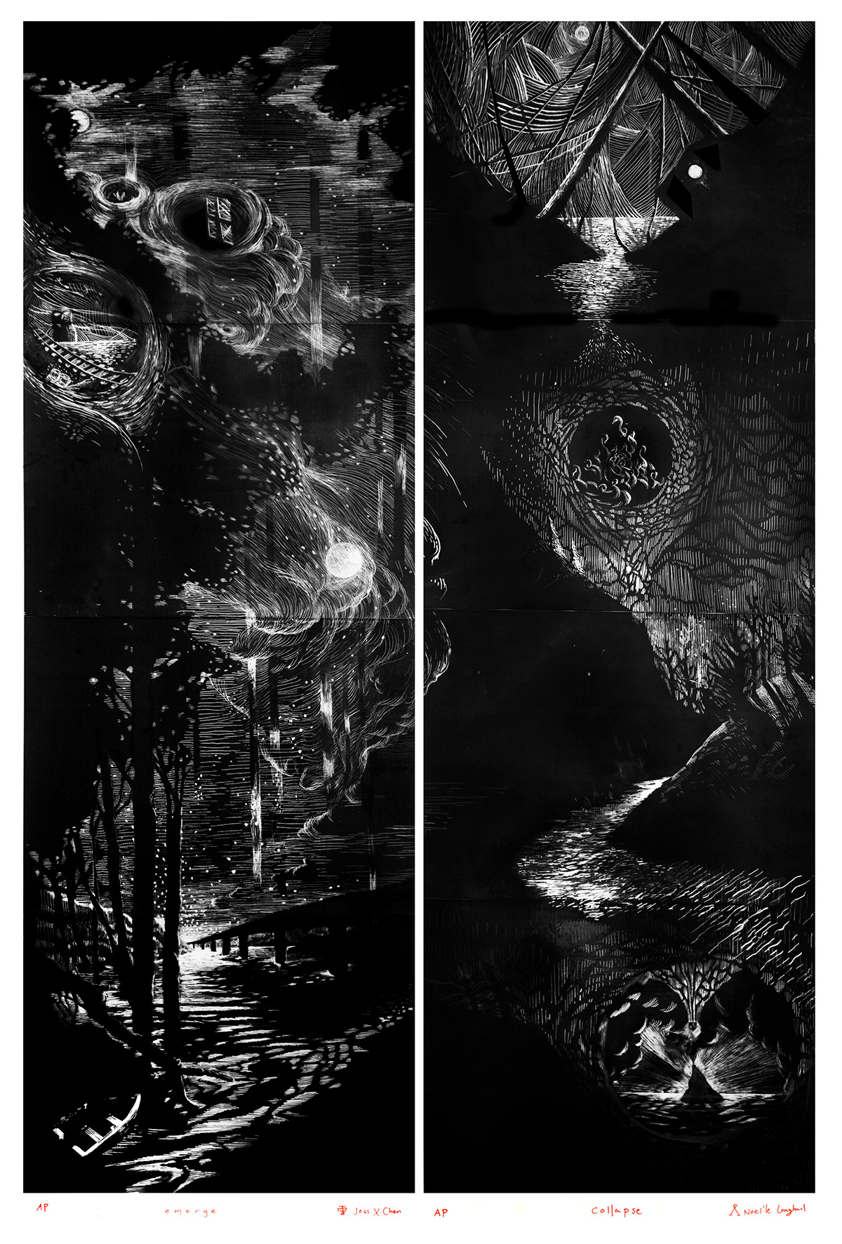 printmaking screenprint Landscape moon nocturne night SKY stars divinity dreams