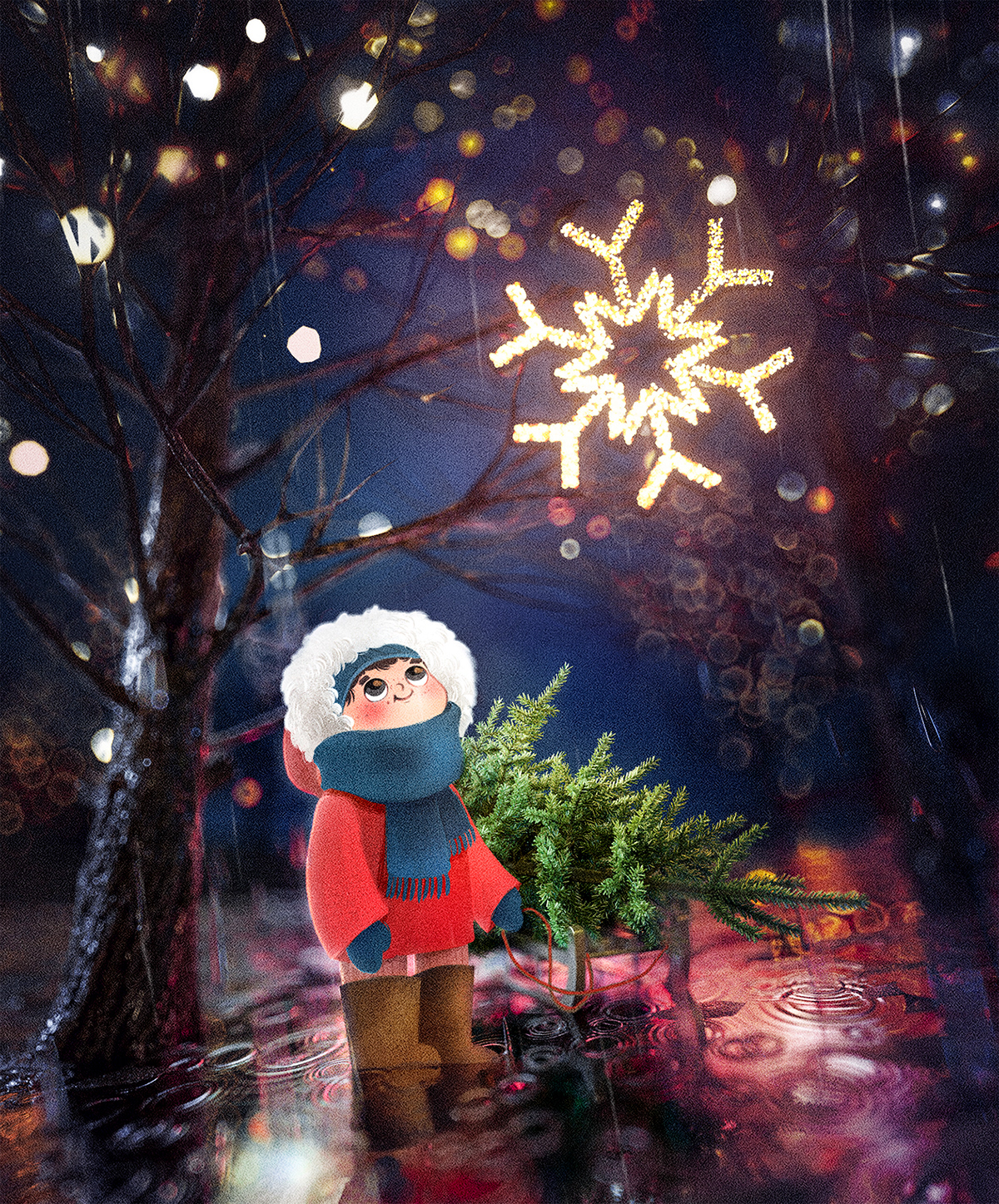 Christmas card 3D cute rain greetings christmas Tree lights cartoon 3D kids