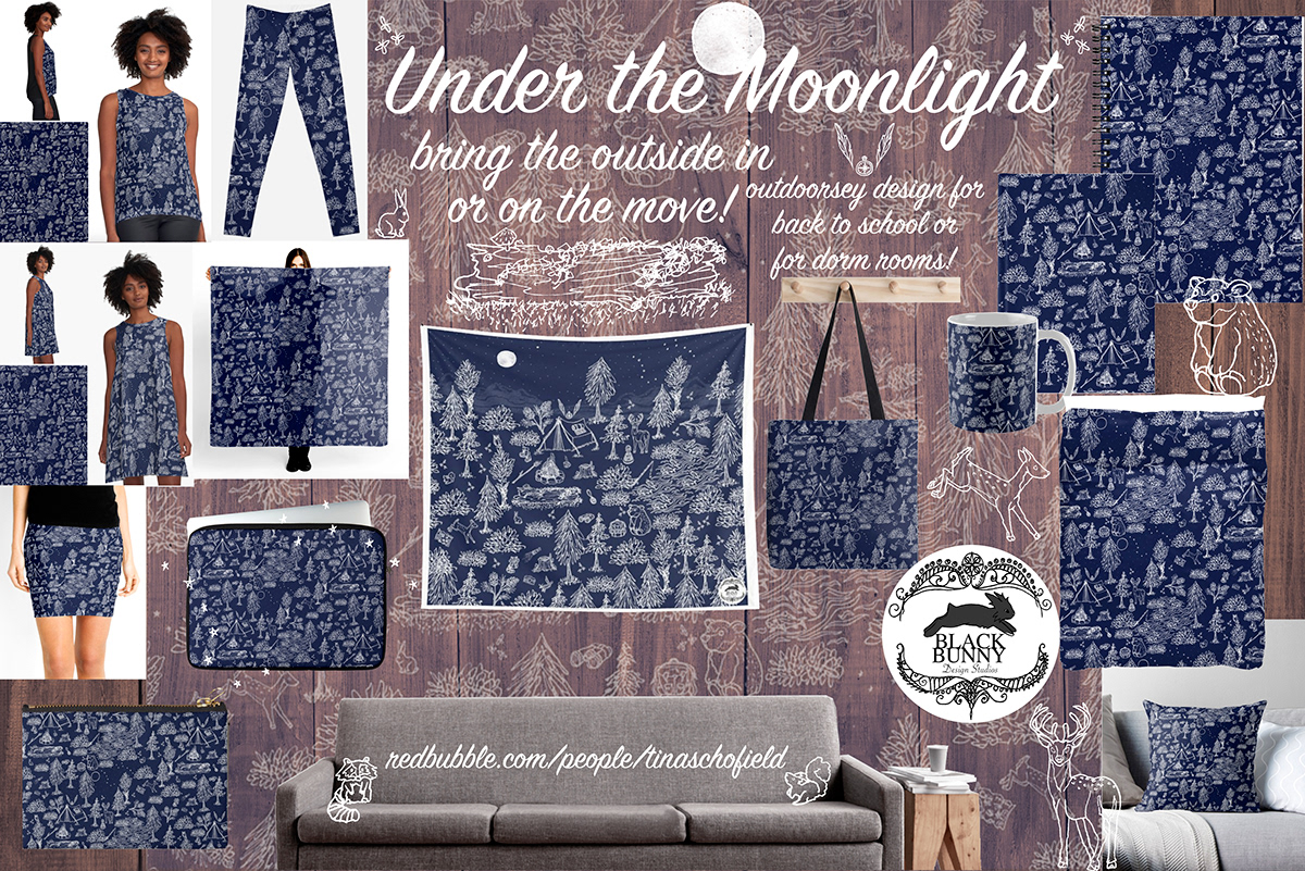 camping moonlight textile summer Star Gazing ILLUSTRATION  wilderness outdoors surface pattern design wildlife