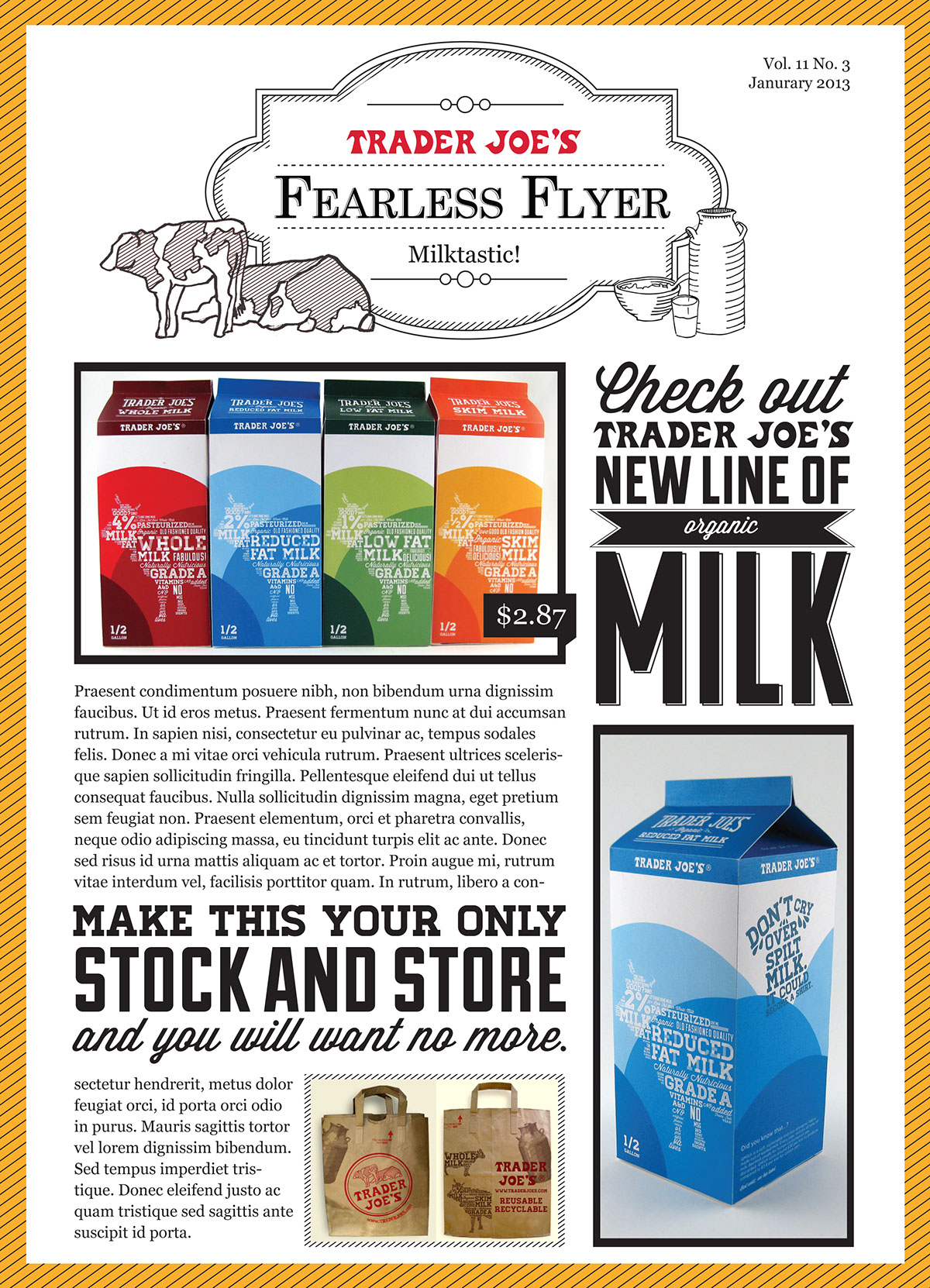 milk typographic poster Trader Joe's cow paper bag advertisement whole skim low fat reduced fat fearless flyer