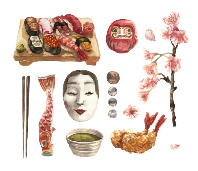 watercolor paint japan Sushi Carp flag sakura tempura japanese Food  noh mask daruma yen