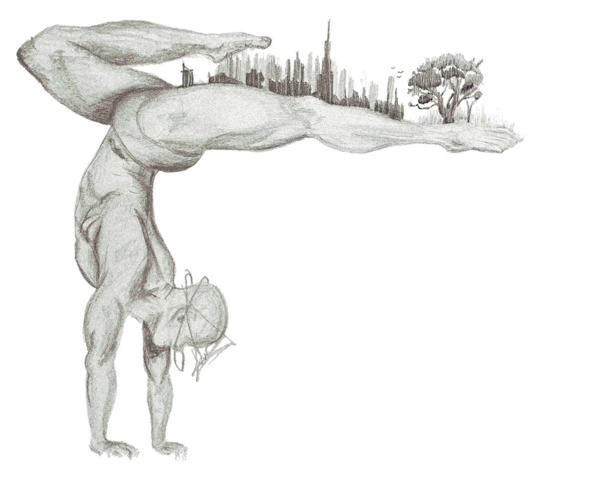 An acrobat holds a headstand position while holding a city and a single tree on his horizontal leg. 
