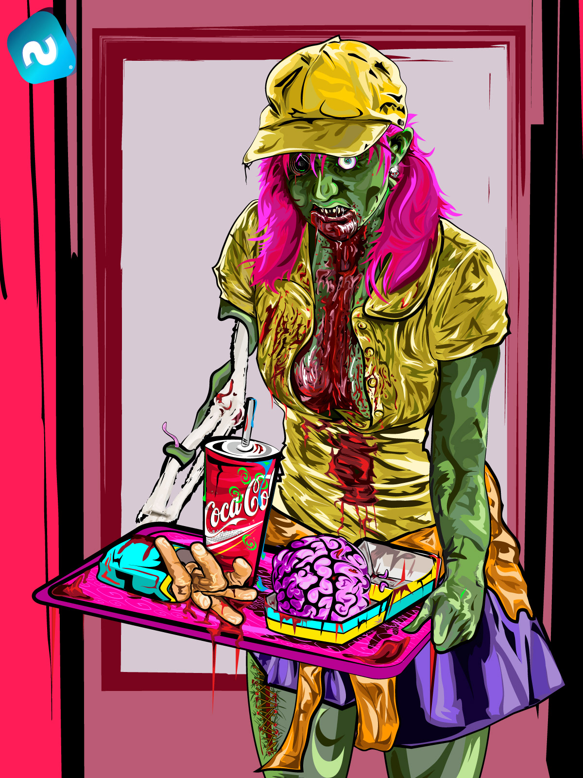 zombie vector vexel digital color paint hambre Cerebro muerto mesera hunger hamburger brain dead