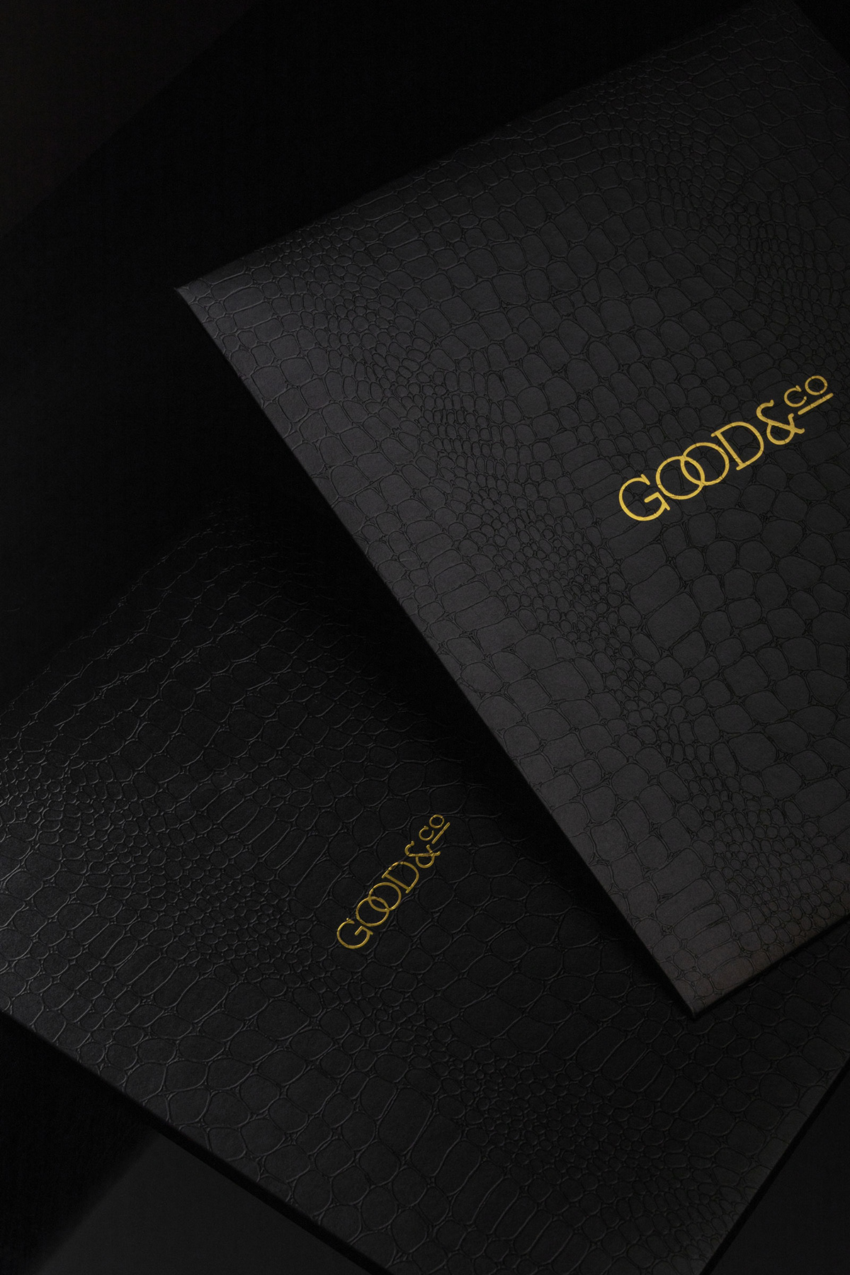 Two black envelopes with all over reptile texture and gold logo detailing