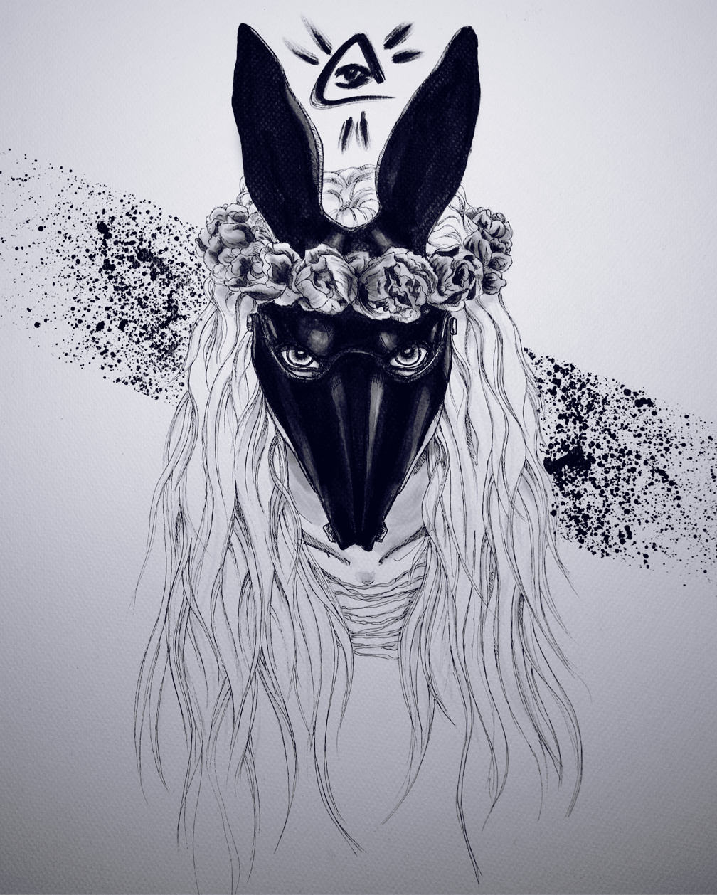 fox mask ink Black&white girl self-portrait isograph rapitograf   Flowers peonies noir dark