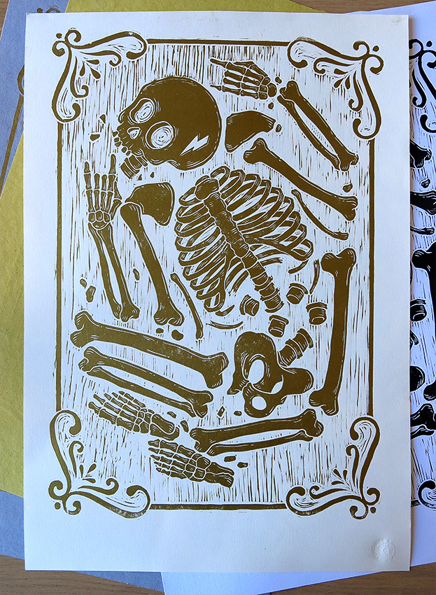 skeleton skull linocut printmaking rock thunder linolium