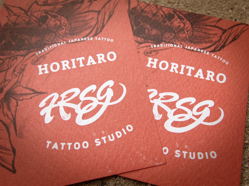 Business Cards shop cards tattoo shop japanese tattoo letterpress Japanese Calligraphy Japanese carp Horitaro Japanese tattoo artist lettering orange red black White japan