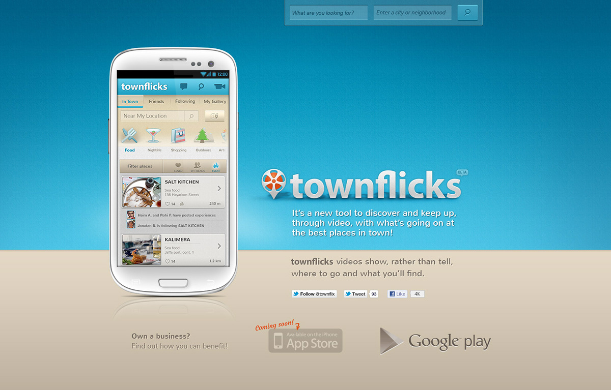 townflix app android iphone social icons butons map retailers video thumbnails UI ux design