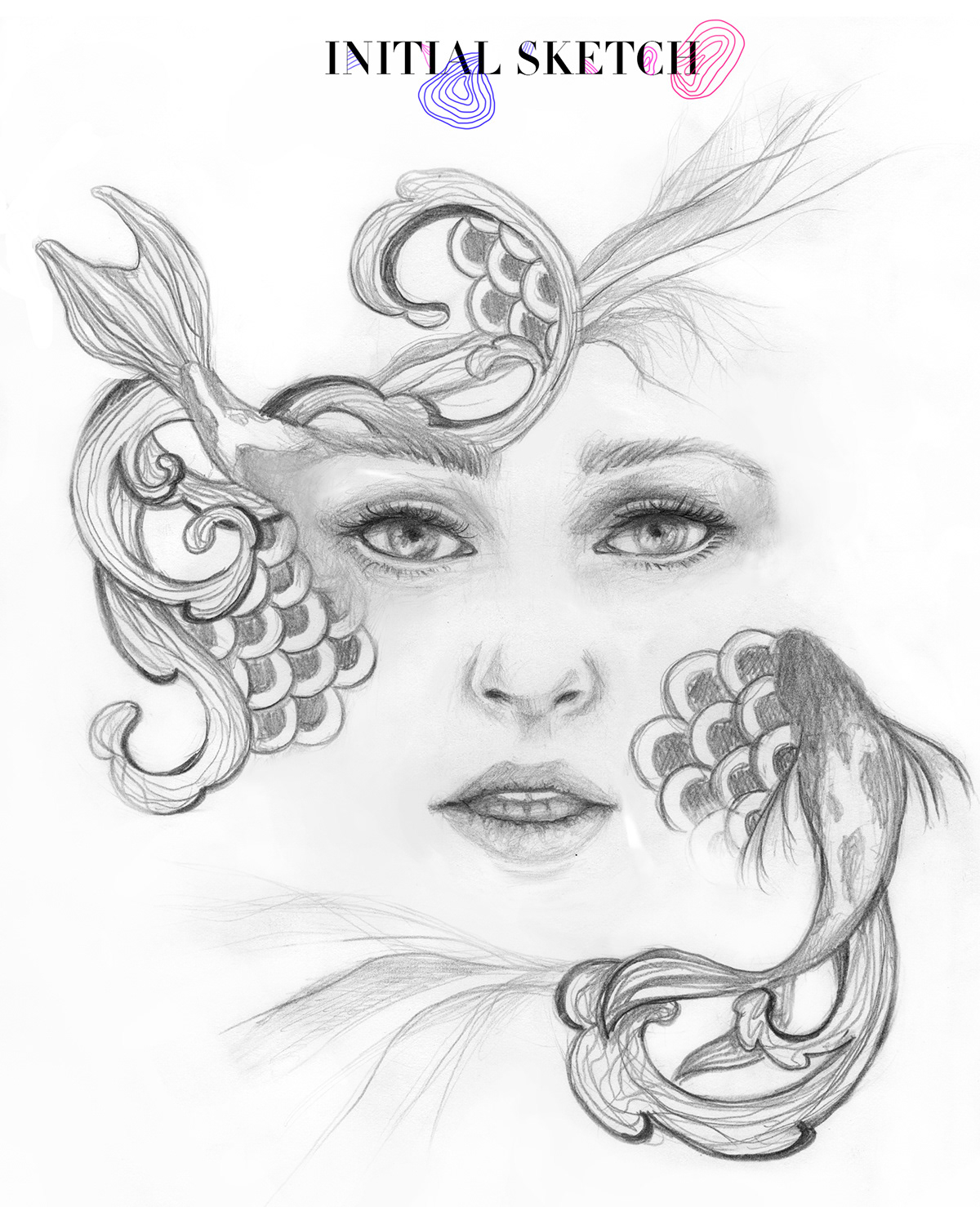 conceptual girl woman abstract face portrait study koi fish pencil sketch