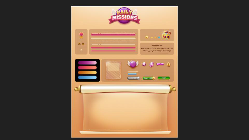UI/UX game bingo mission scroll wings chest Game Art 2D vector