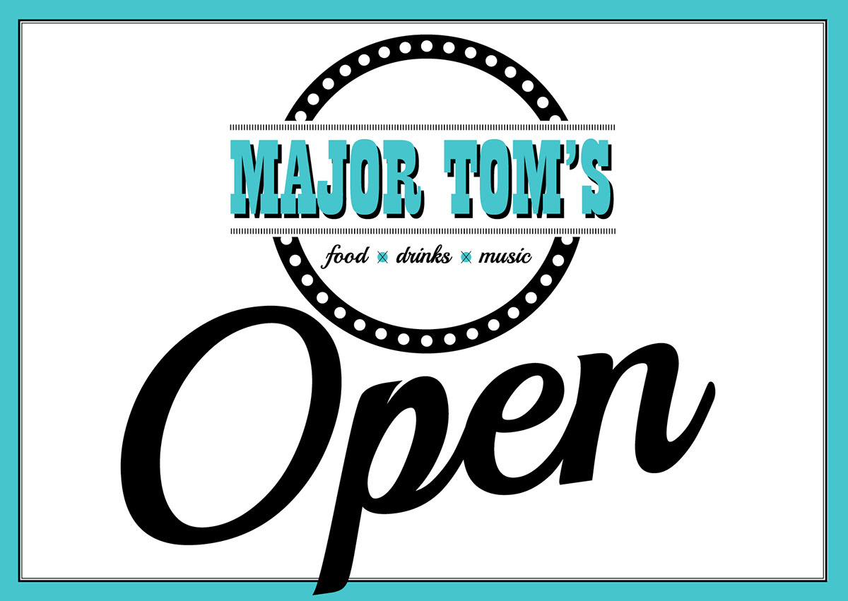 MajorTom's logo business Food  menu sign Signage open closed restaurant TexMex businesscards