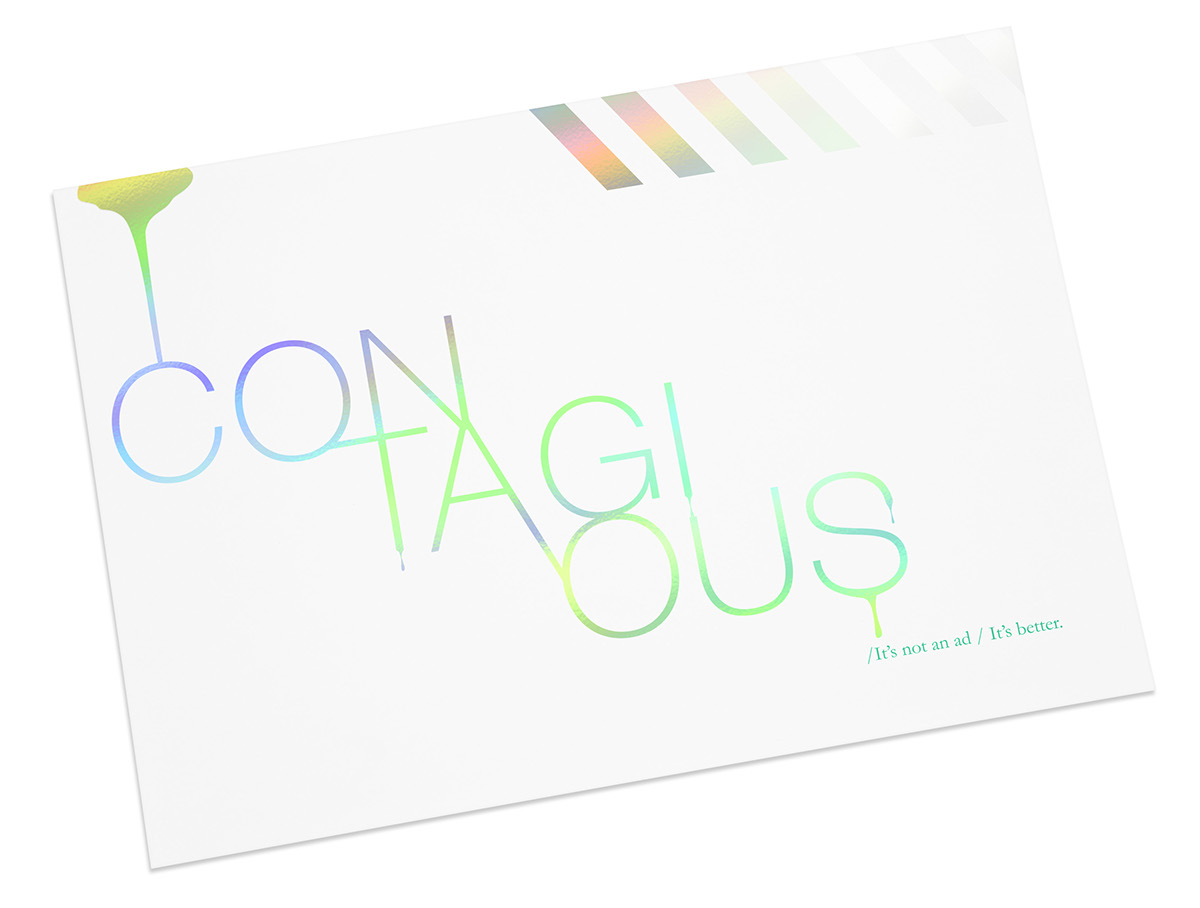 Event invite Collatteral Stationery envelope mylar silver holographic cool printing Contagious Magazine type drip White