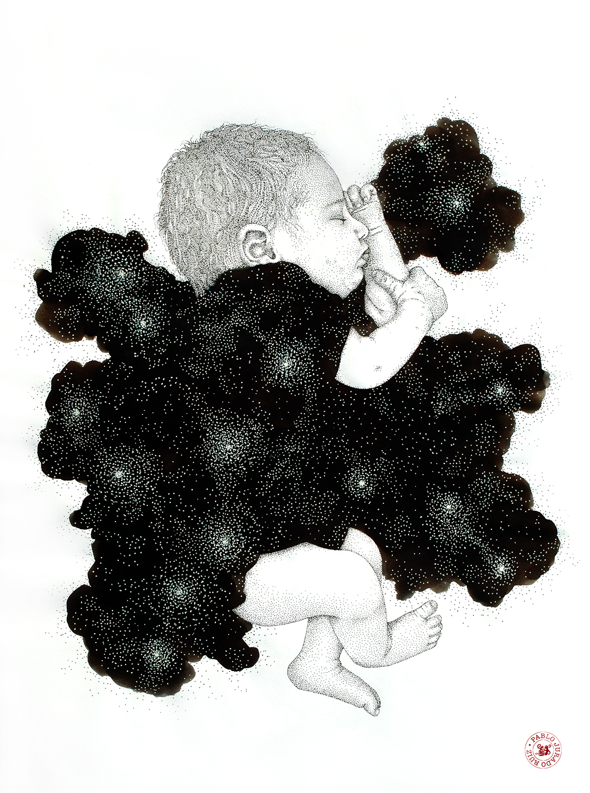 Pointillism stippling portrait black ink paper draw conceptual black and white dots art Realism Human Figure faces children nude
