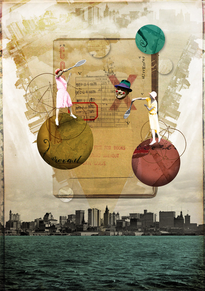 collage tennis play woman mixed media river sea head surreal city