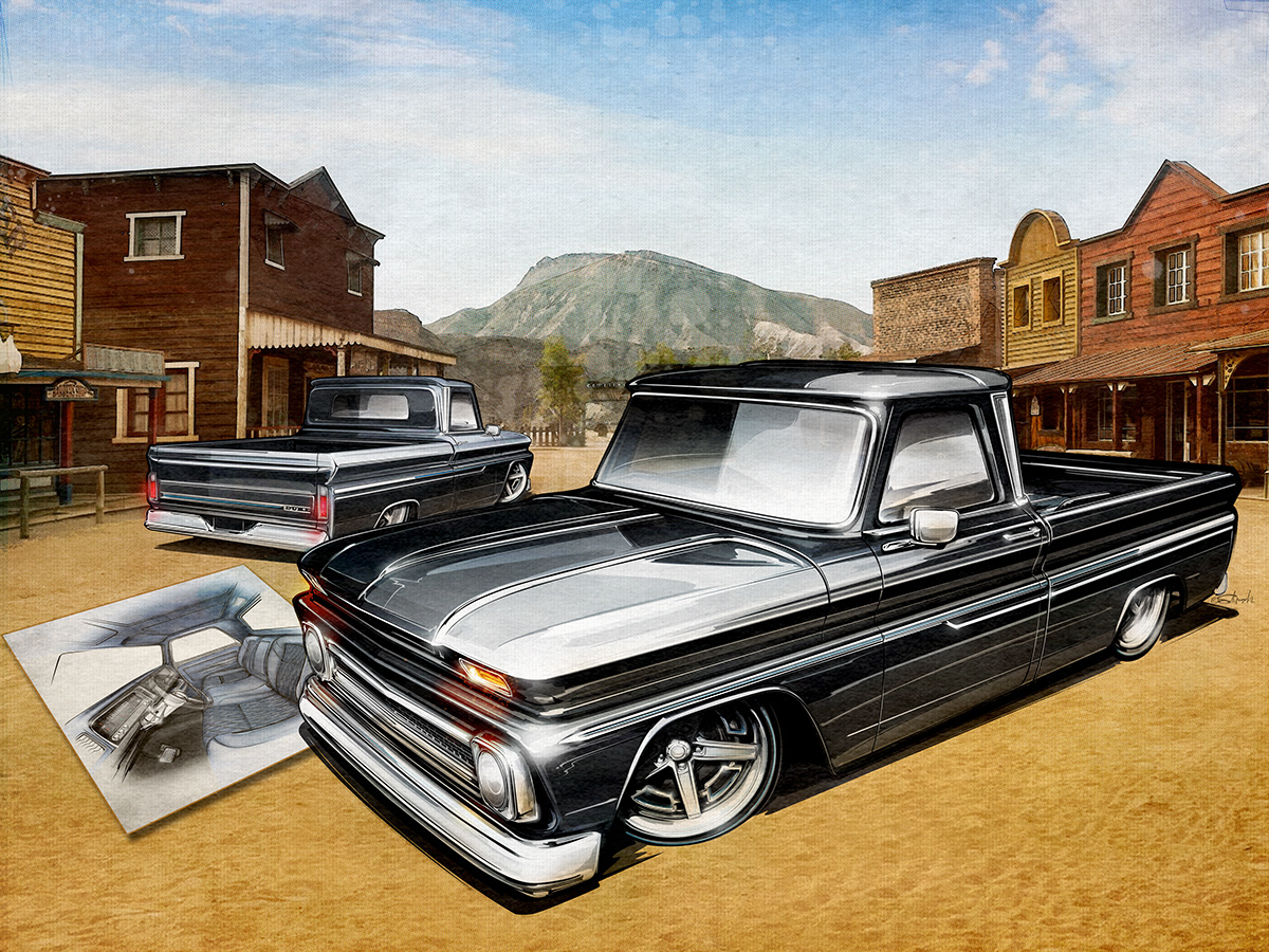 Rendering for a full-custom C-10 Chevy pickup truck project created in Adobe Illustrator