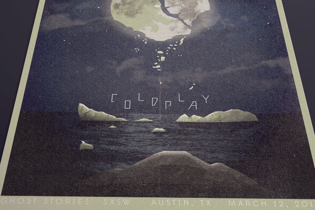 Coldplay sxsw concert poster gig poster moon night Ocean broken moon haunting waves rocks texture screenprint Magic   Sci Fi