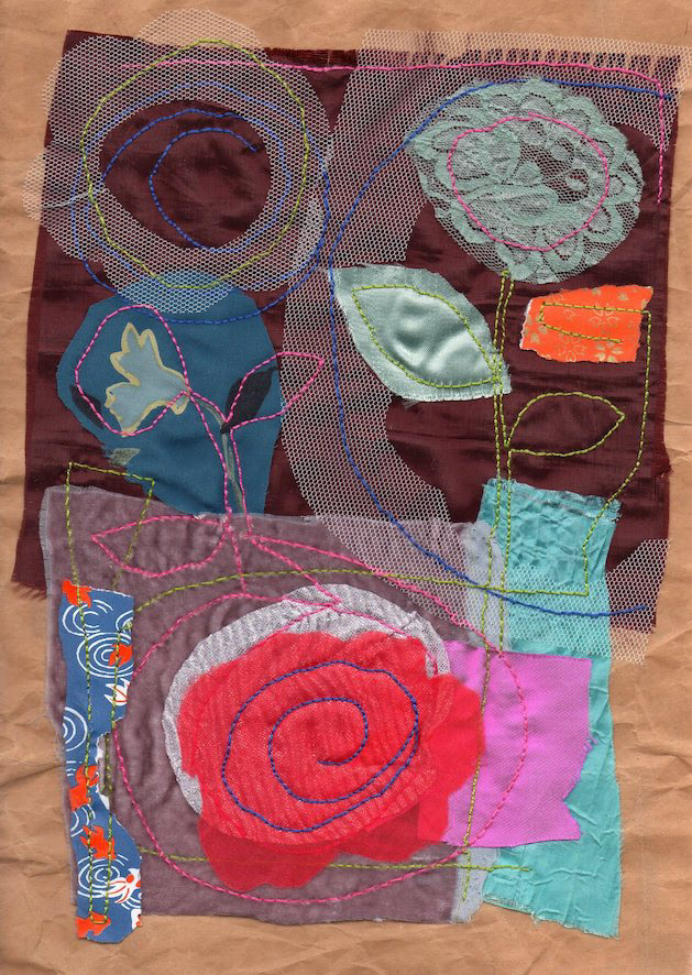 color collage fabric paper Flowers composition thread stitching alex mitchell twinki-winki