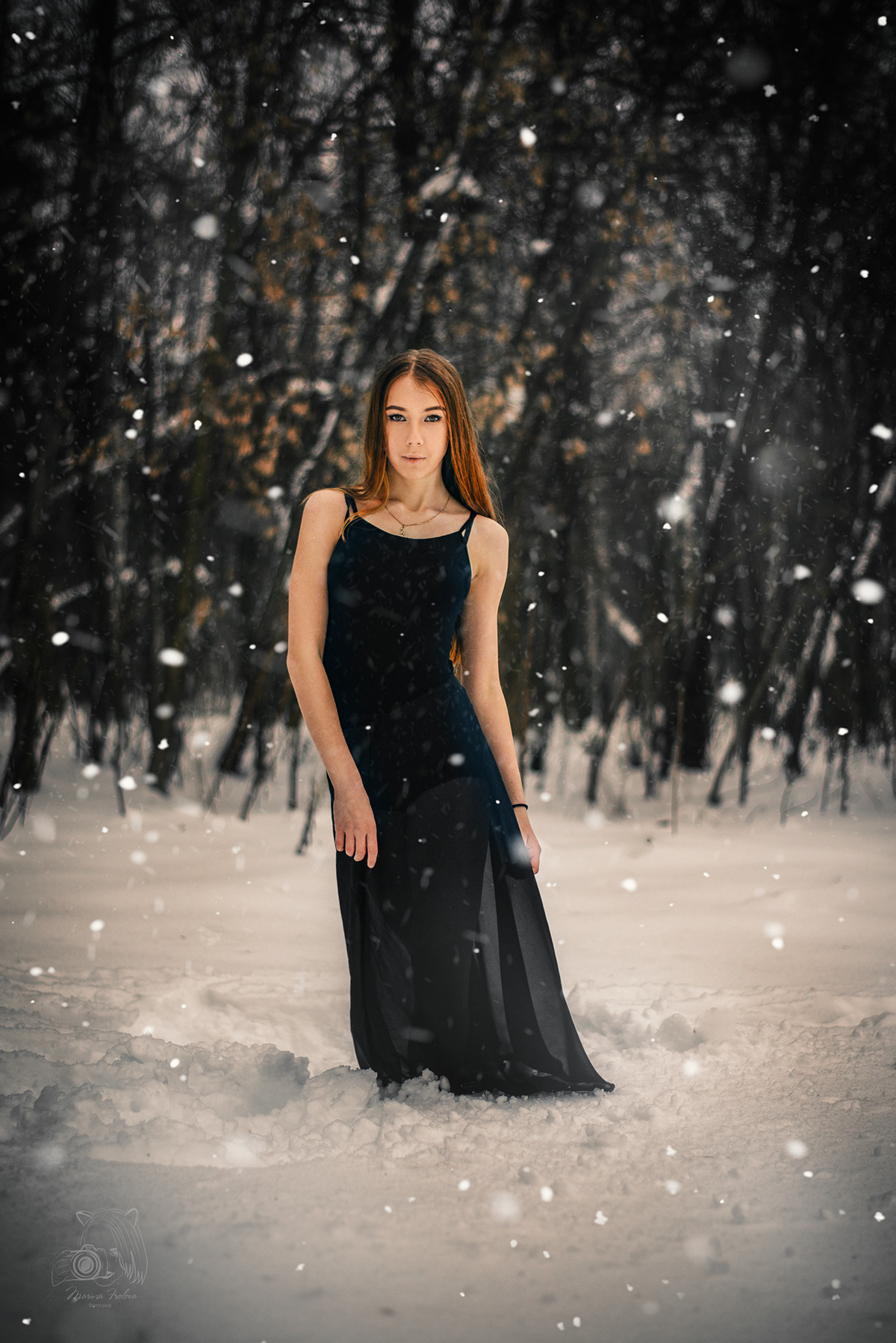 Adobe Portfolio DANCE   dancer dancing snow forest black dress beautiful girl