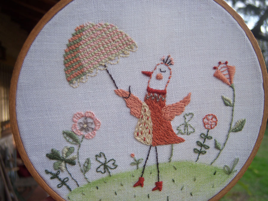 Embroidery Umbrella bird Flowers garden parasol paraguas sombrilla ave pajaro bordado jardin Flores