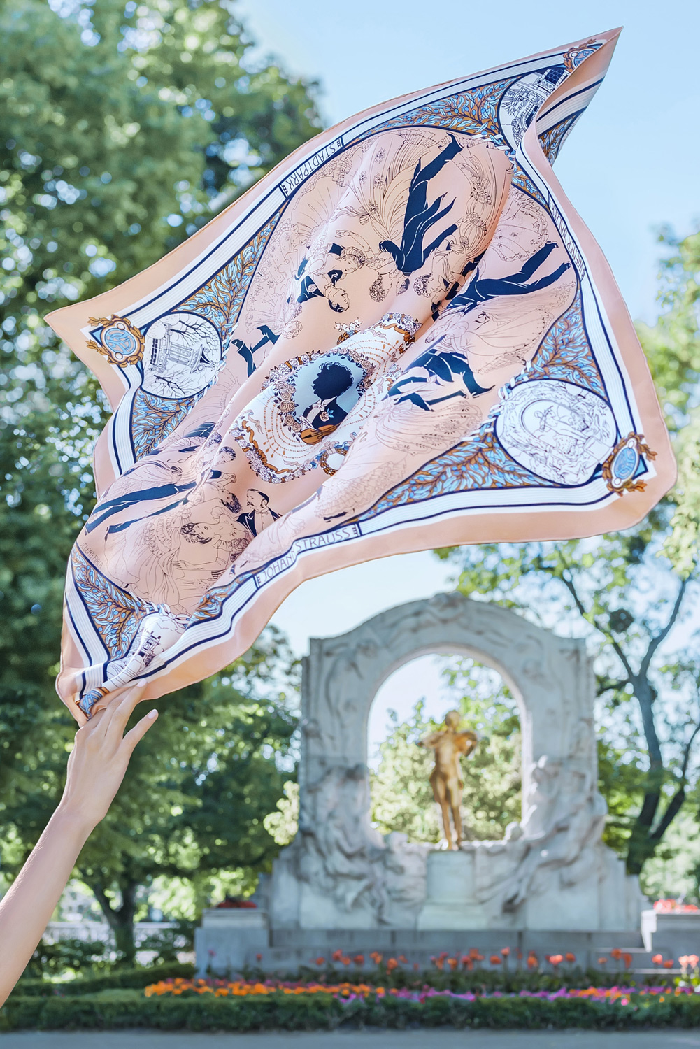 silk scarf textile design  johann strauss vienna stadtpark print ornament vintage