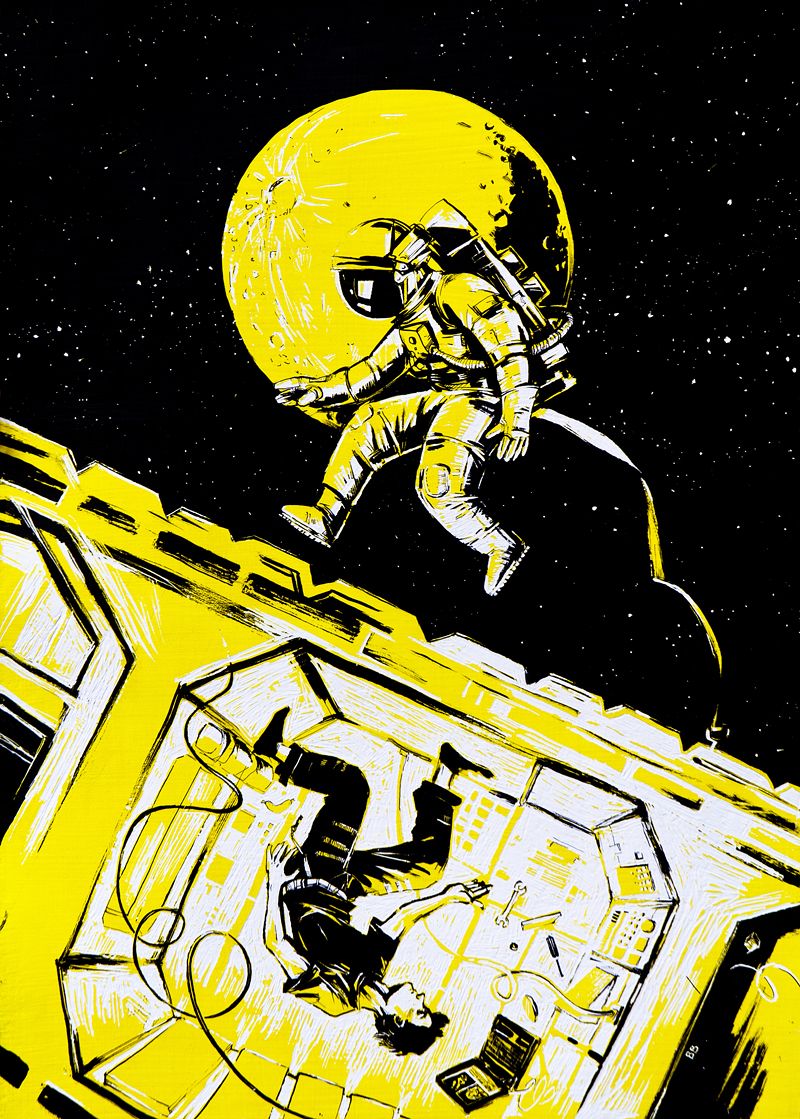 Space  infinity weightless yellow black scratchboard astronaut