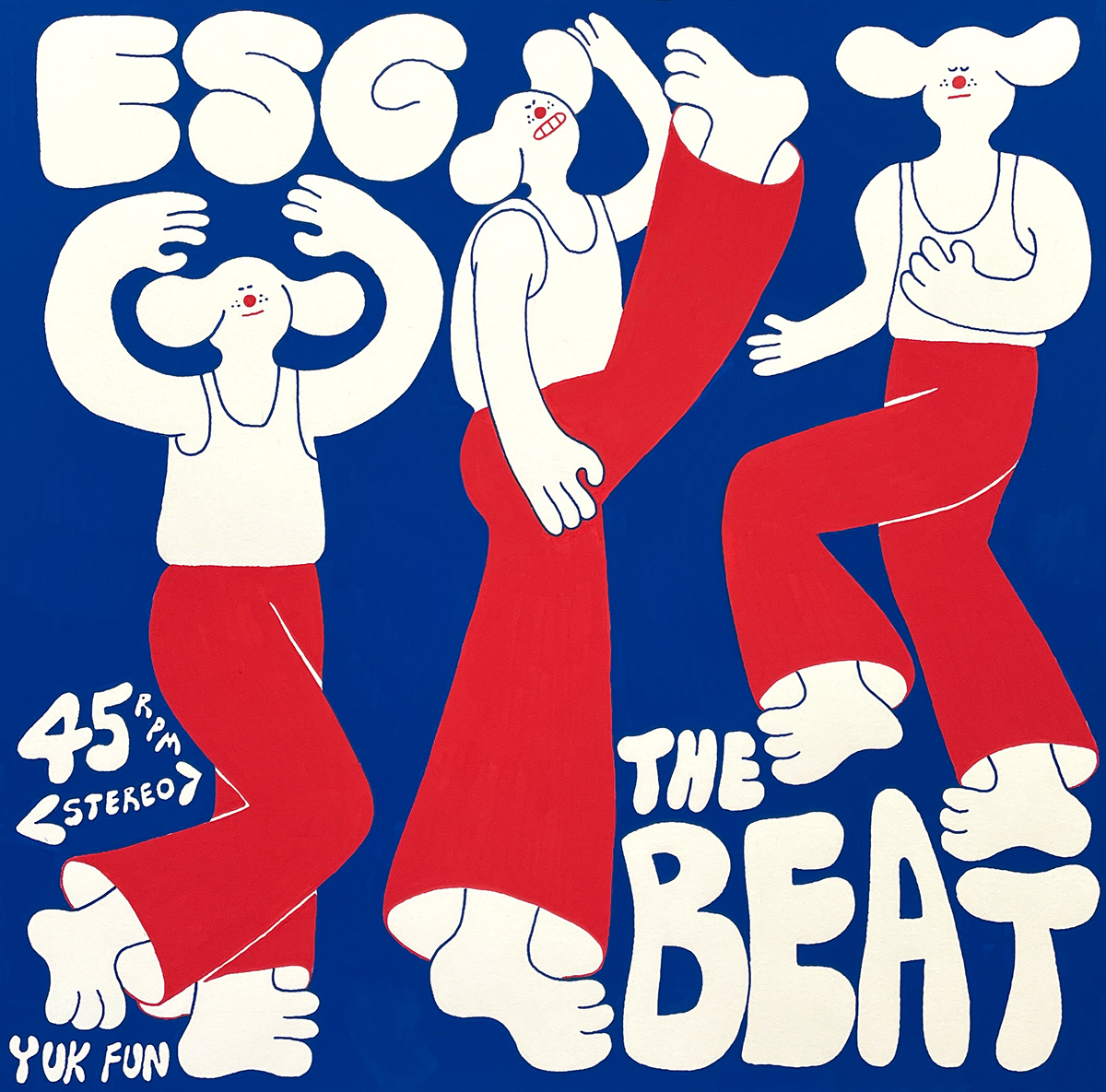 A record cover with illustrations of 3 animal characters dancing on it. It says "ESG The Beat" on it