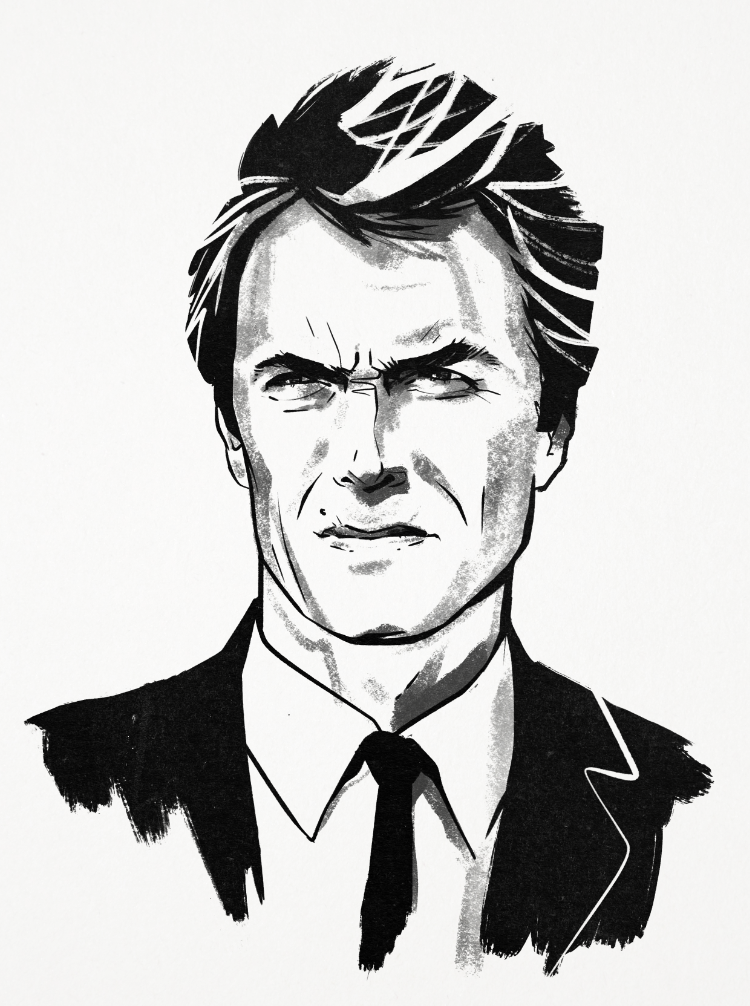 Inky hand drawn portrait of Clint Eastwood by lizzy thomas davies
