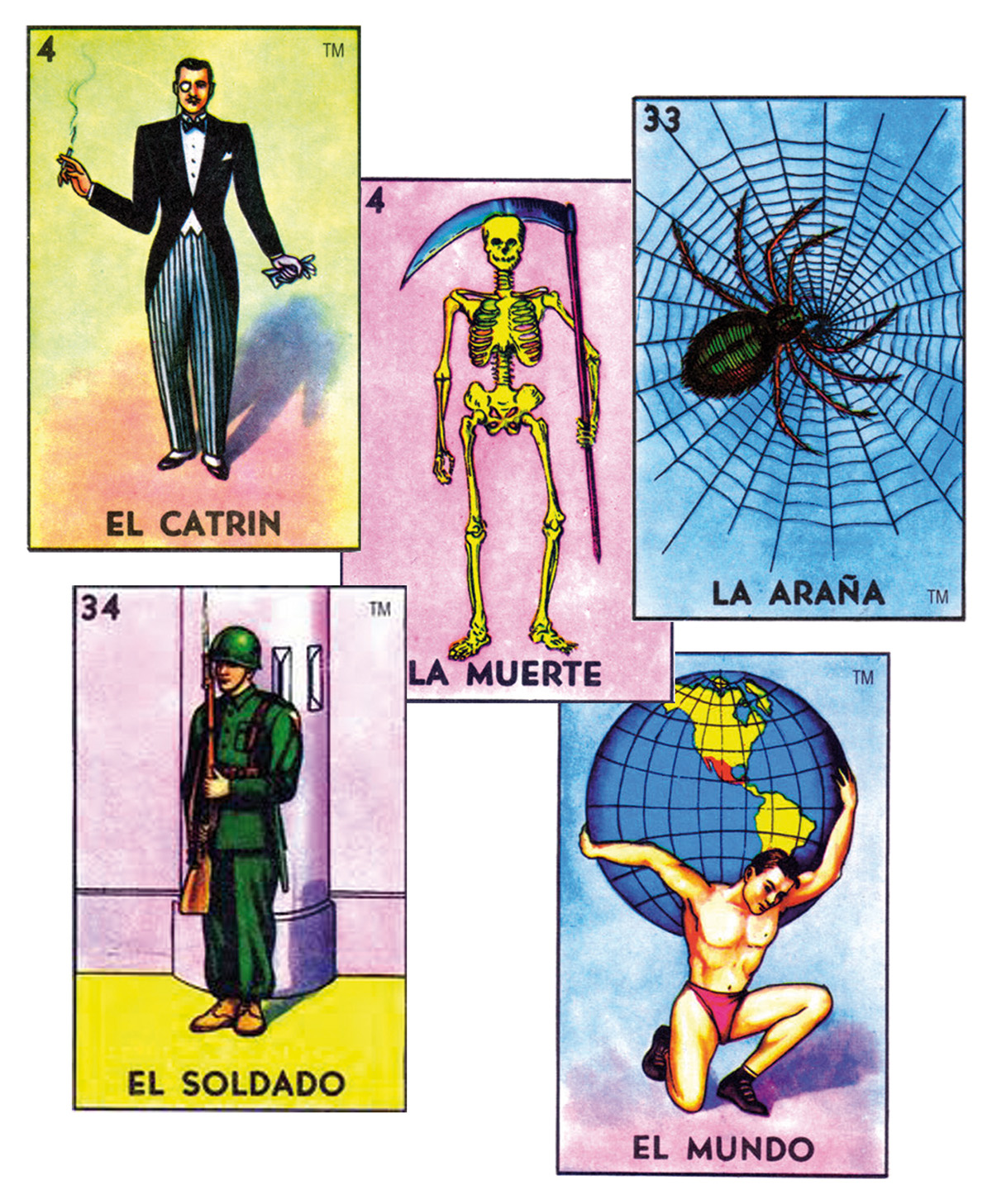 art deco art deco loteria mexico mexicana Catrin Muerte OZ araña soldado cartas card