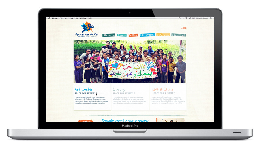 NGO arts kids Website development arts for development organization colors materials texture