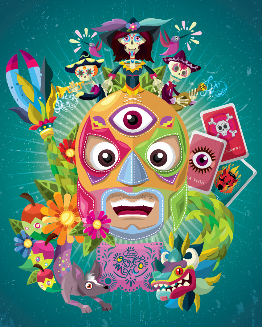 ilustracion lucha mexico Muerte quetzalcoatl colores Guadalajara loteria mariachi