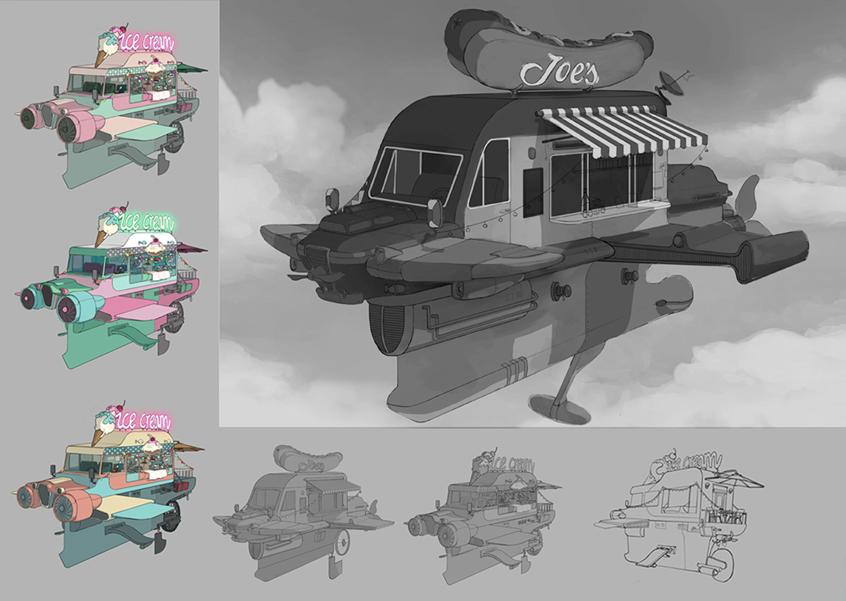 Vehicle concept art concept ice cream ice cream shop Flying Car vintage ice cream pastel clouds Fly conceptart art ILLUSTRATION  backgrounddesign bg backgrounds 2D Treehouse gamedesign animation  environment backgroundartist propdesign props