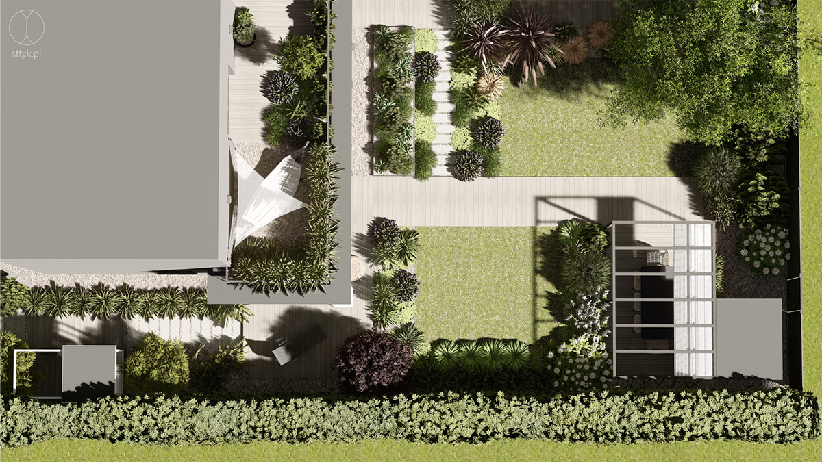 aranżacja tarasu exterior design ogród naturalistyczny ogród nowoczesny pergola w ogrodzie plaża w ogrodzie pracownia sttyk projekt ogrodu projekt tarasu trawy w ogrodzie