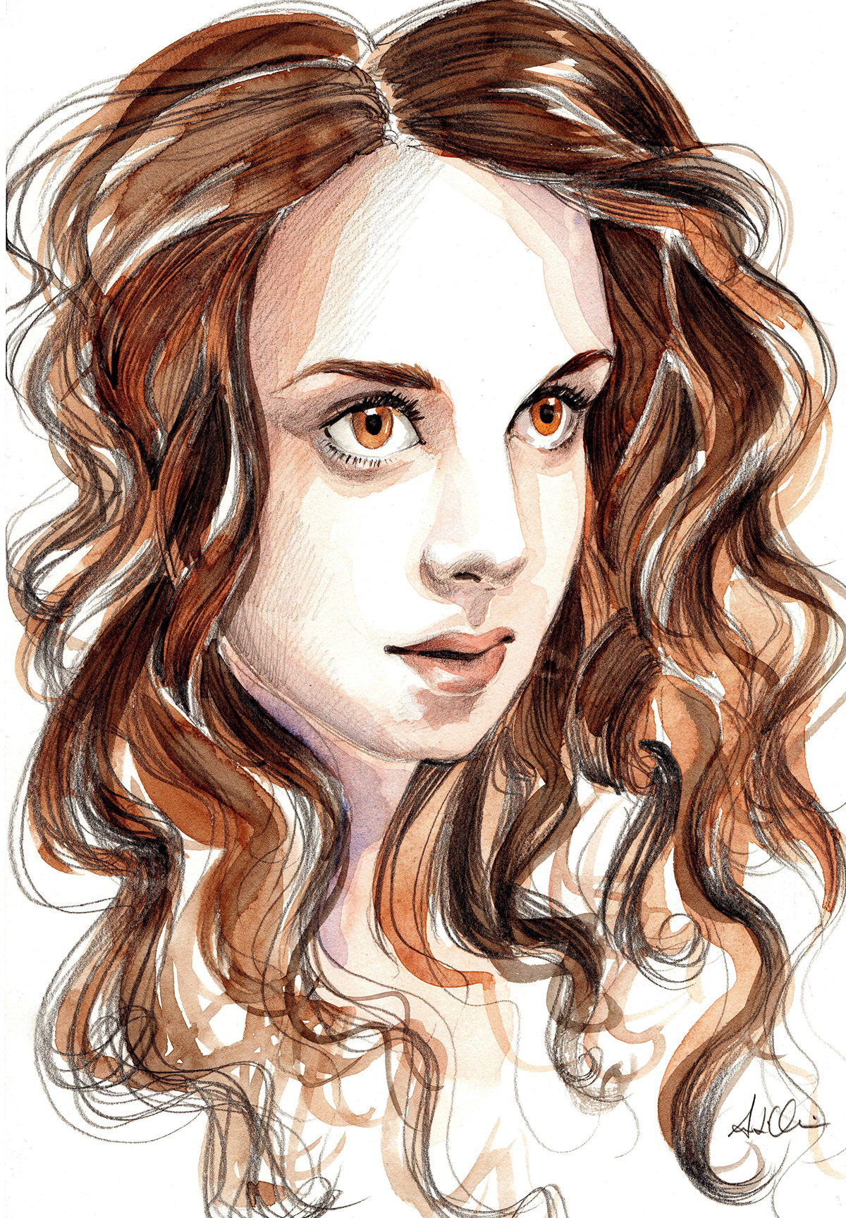 girl eyes yellow Mouth face Expression peolpe portrait watercolor curly hair sexy