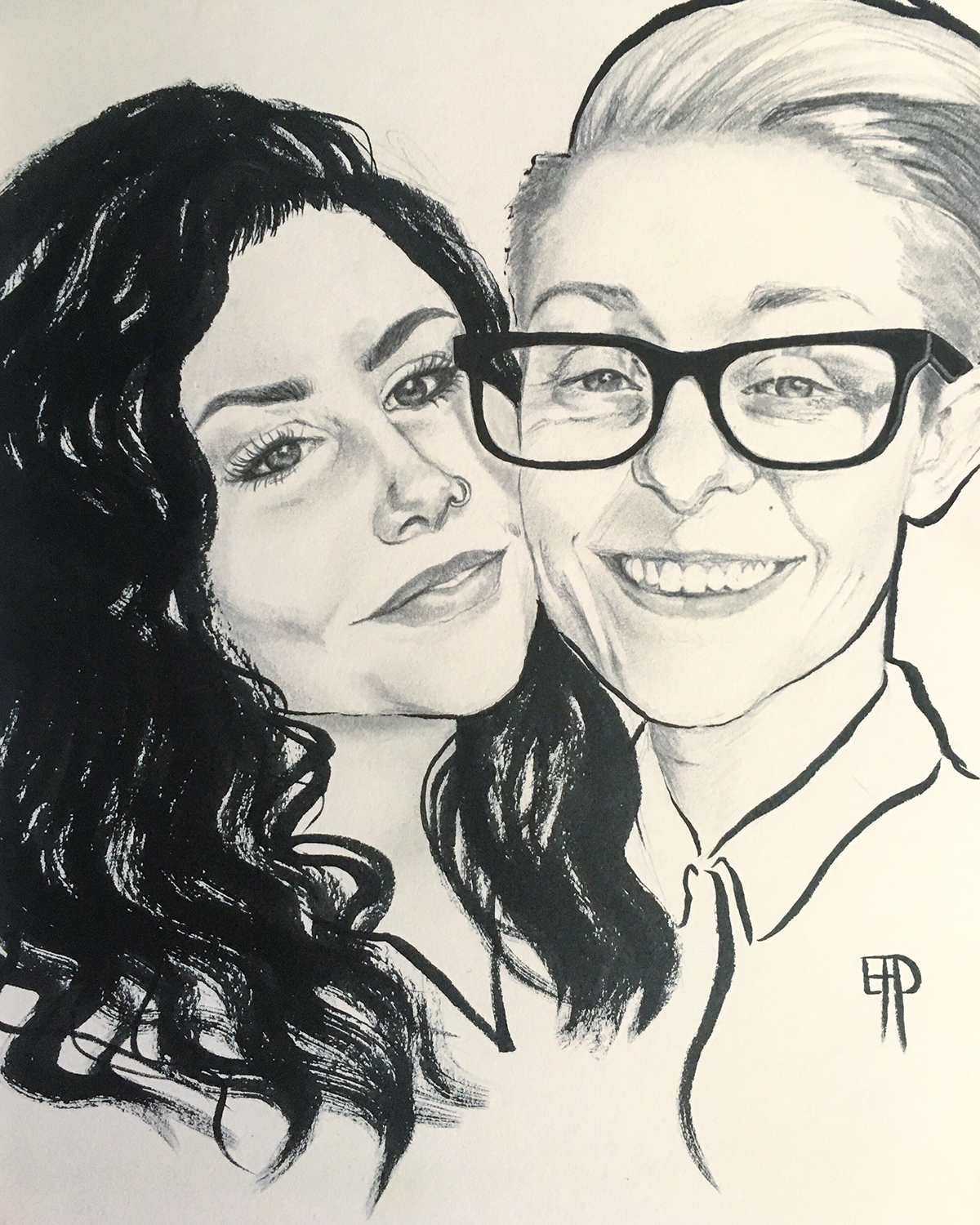 Love wins couple LGBTQ lesbian portrait graphite pencil ink ink brush pen and ink Pentel black and white ladies