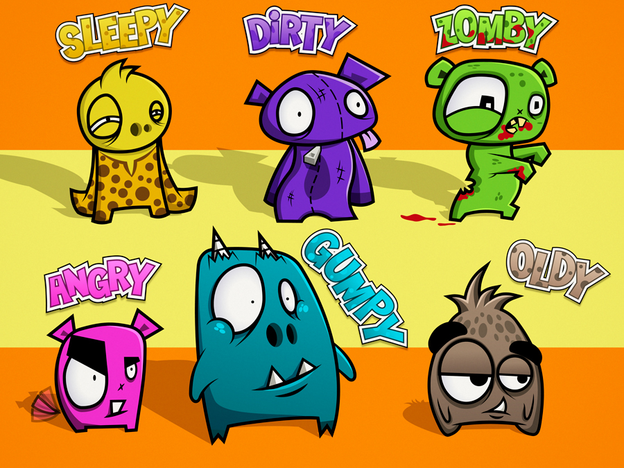 Character vector deisgn Mascot monsters iPhone Game iPad Game logo mobile colorful zombie guffy old sleepy cartoon t-shirt dirt Anger funny