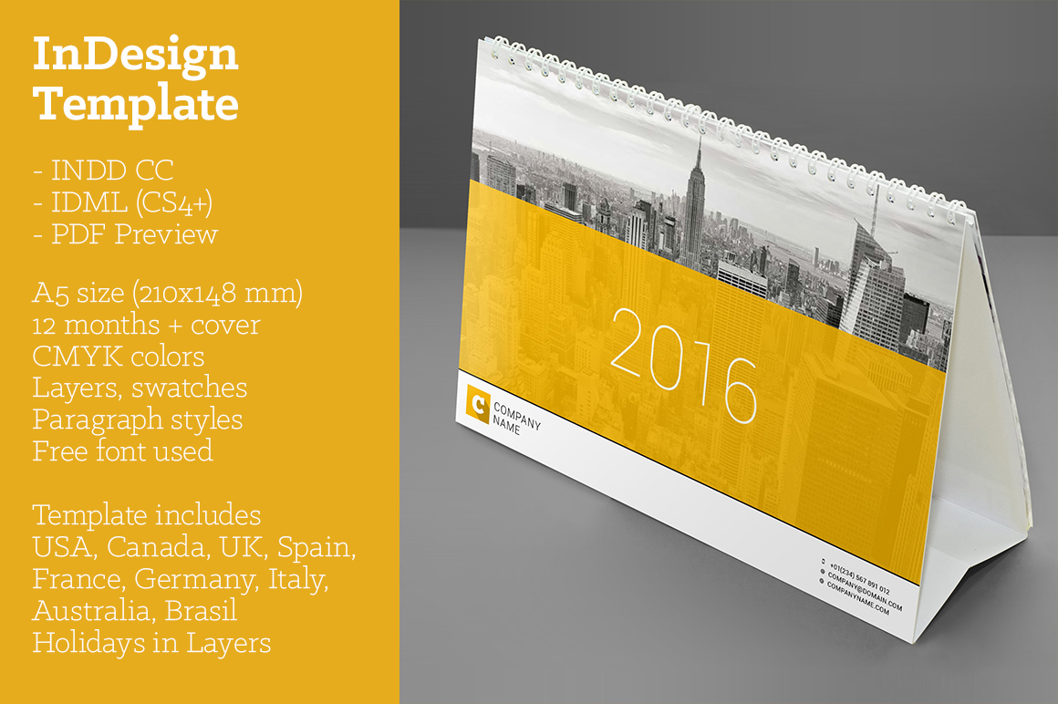 calendar 2016 desk calendar Calender Stationery template InDesign month year Day week sunday Monday numbers logo notes