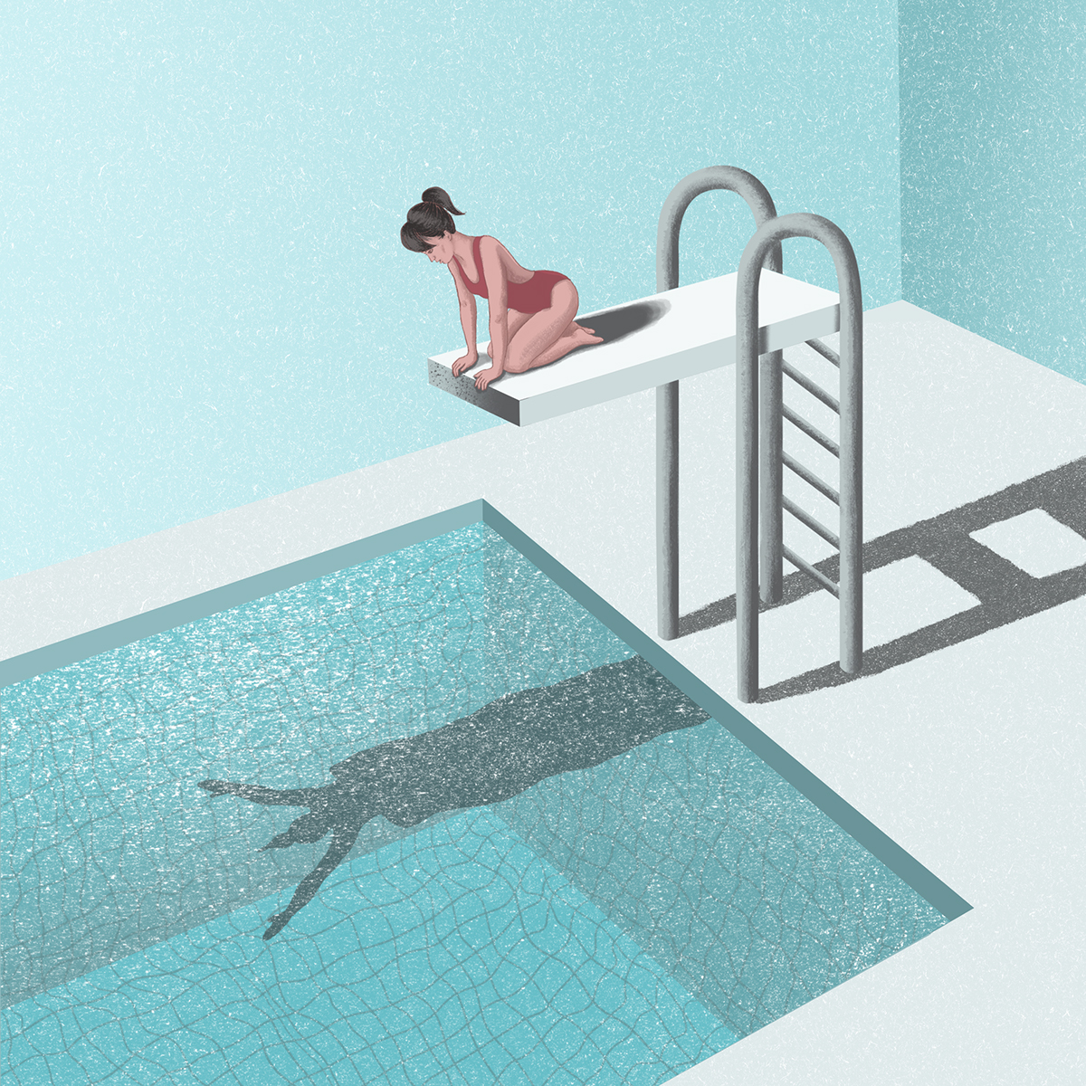 editorial ILLUSTRATION  swimming pool turqouise conflict texture woman fear reflection future