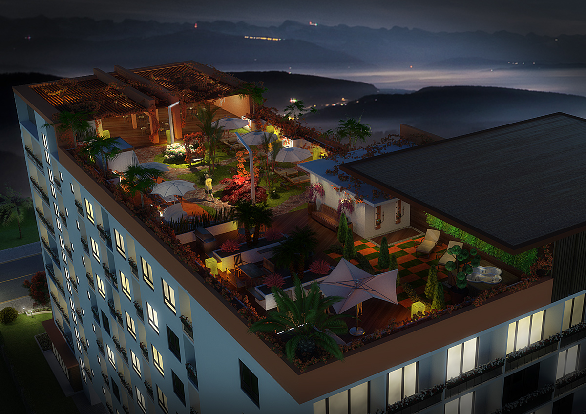 Condo exterior luxury terrace swimming pool roof condominium visualization arch-viz rendering