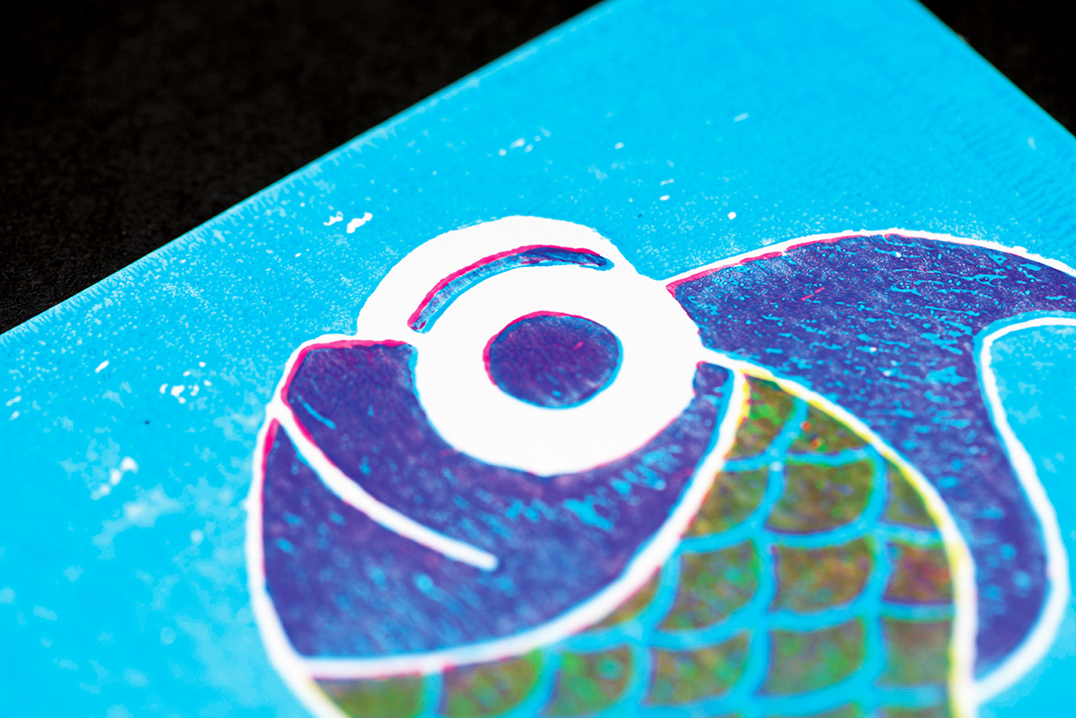 Adobe Portfolio graphics print lino letterpress woodblock screen print CMYK ink fish mind bright colour
