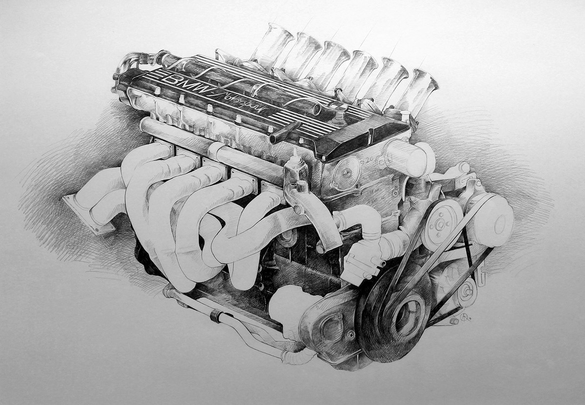 Drawing  automotive   artworks engine BMW oldtimer