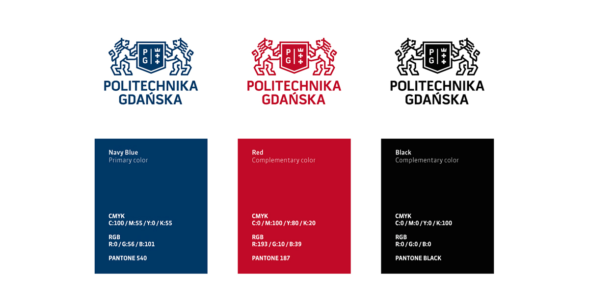 Gdansk academy University Technology crest logo lion blue tradition rebranding mamastudio identity Polytechnic