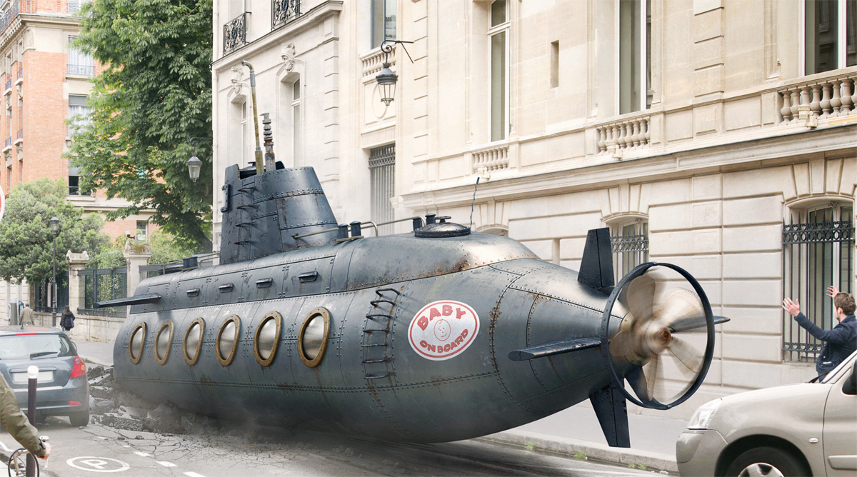 UFO submarine radoxist Paris Street do the right mix CGI 3D artwork Render photo manipulation creative crashed