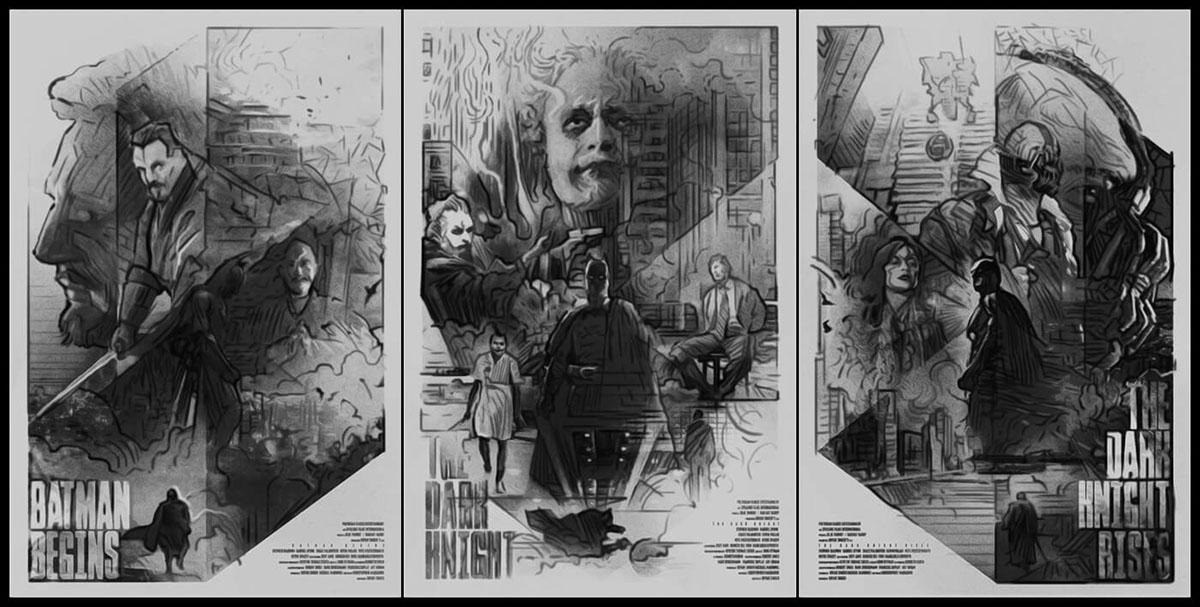 batman nolan screen print poster StudioKxx trilogy black & white batman begins THE DARK KNIGHT The Dark Knight Rise