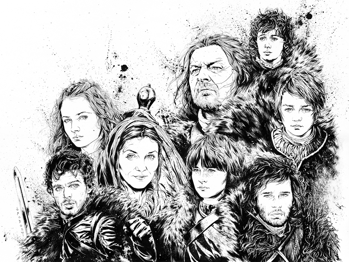 Game of Thrones hbo robb stark eddard stark Jon Snow Arya Stark  catelyn stark sansa stark rickon stark brandon stark indian ink medieval acrylic black snow